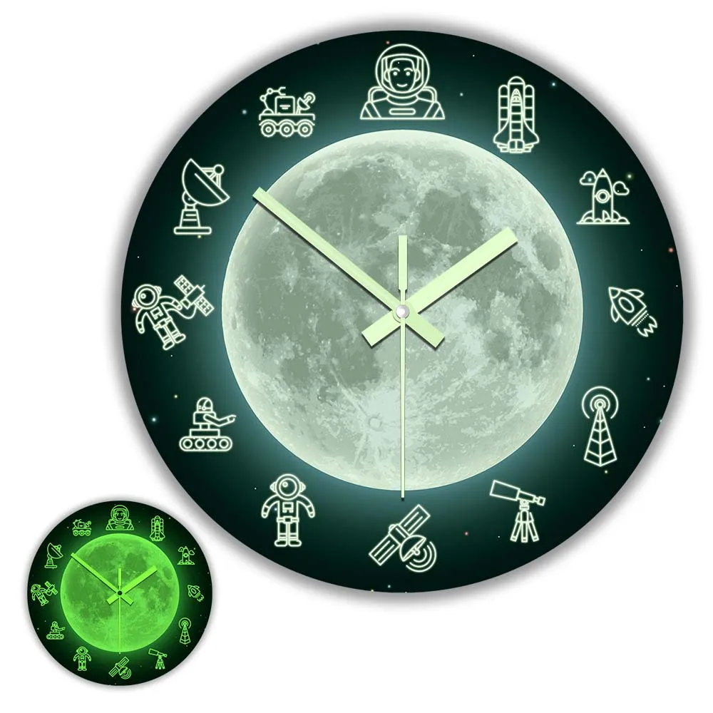 Moon Space Travel Luminous Wall Clock Astronaut Home Decoration Outer Space Universe Galaxy Night Vision Glow In Dark Wall Watch