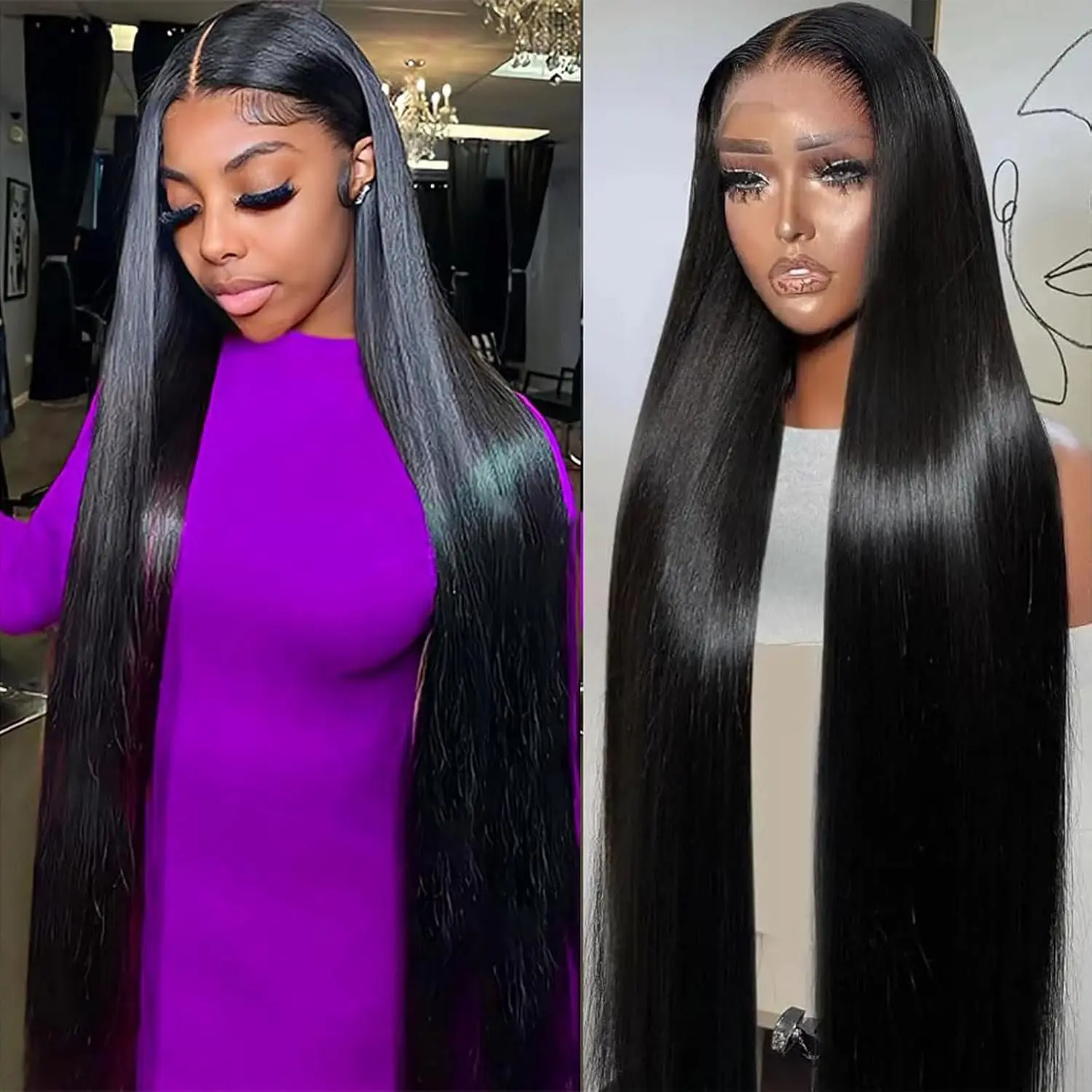 42インチ 13x4 ストレート レースフロントウィッグ 人毛 200%密度 生え際処理済み カット済み 透明フロント 人毛ウィッグ 女性用