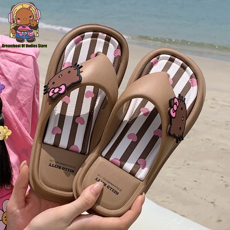 Hawaii Black Hello Kitty Cute Cat Women Flip-flops Summer Cute Non-slip Flat Sandal Beach Shoes Brown Stripe Outside Slipper