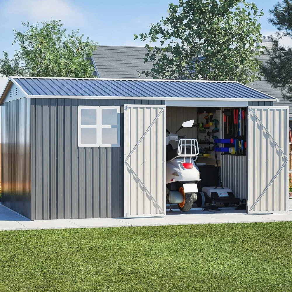 

10X12 FT Outdoor Storage Shed Heavy-Duty Metal Sheds & Outdoor Storage with Floor Frame, Rustic Style Window and Lockable Doors