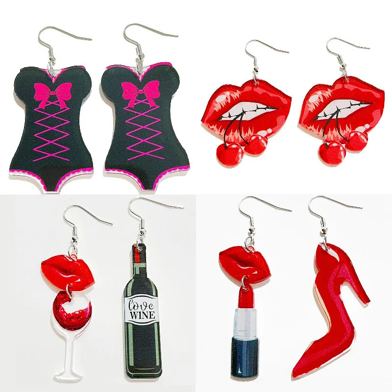 New Valentine\'s Day Earrings Acrylic Funny Lips Cherry Red Wine Bottle High Heel Shoes Earrings Swimwear Lipstick Earrings Gift