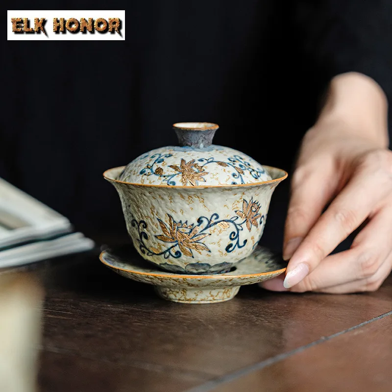 120ml Hand-painted Flower Pattern Cover Bowl Zen Ceramic Tea Tureen Boutique Outline In Gold Gaiwan Ancient Tea Maker Teaware