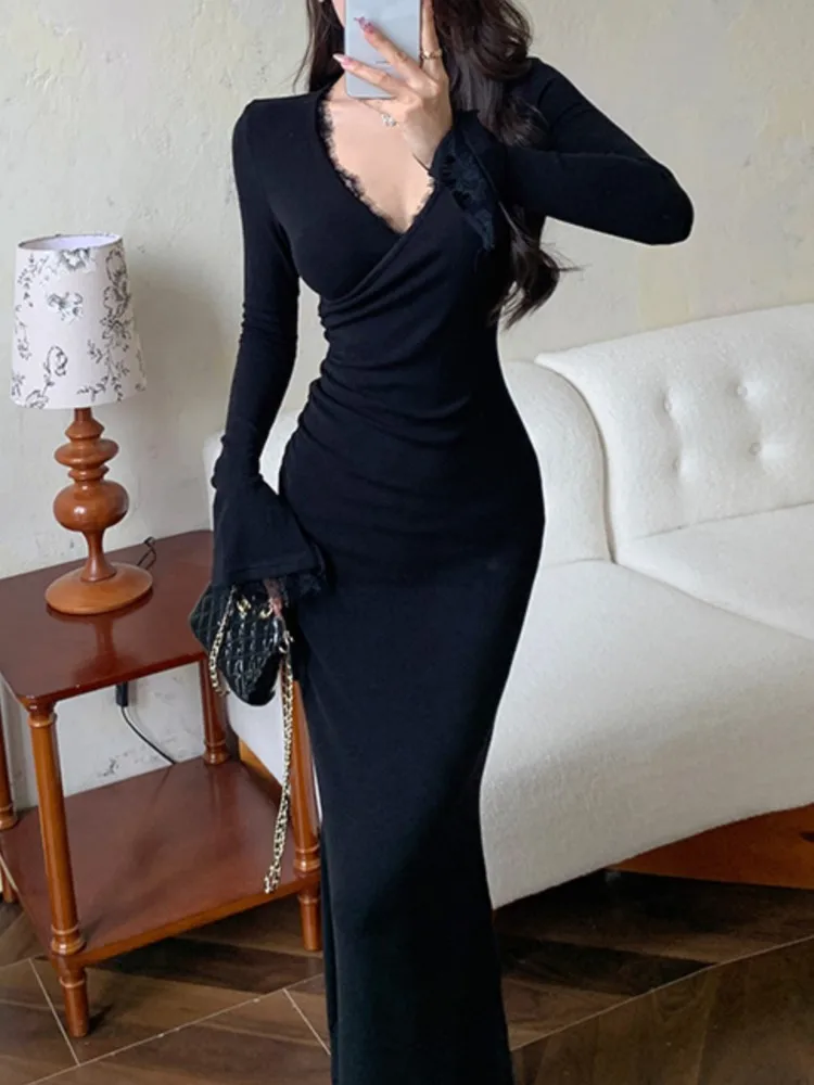 Elegant Black Mermaid Dresses for Women Autumn Winter Lace V-Neck Long Sleeve Party Dress High Waist Slim Fit Vestidos Mujer New