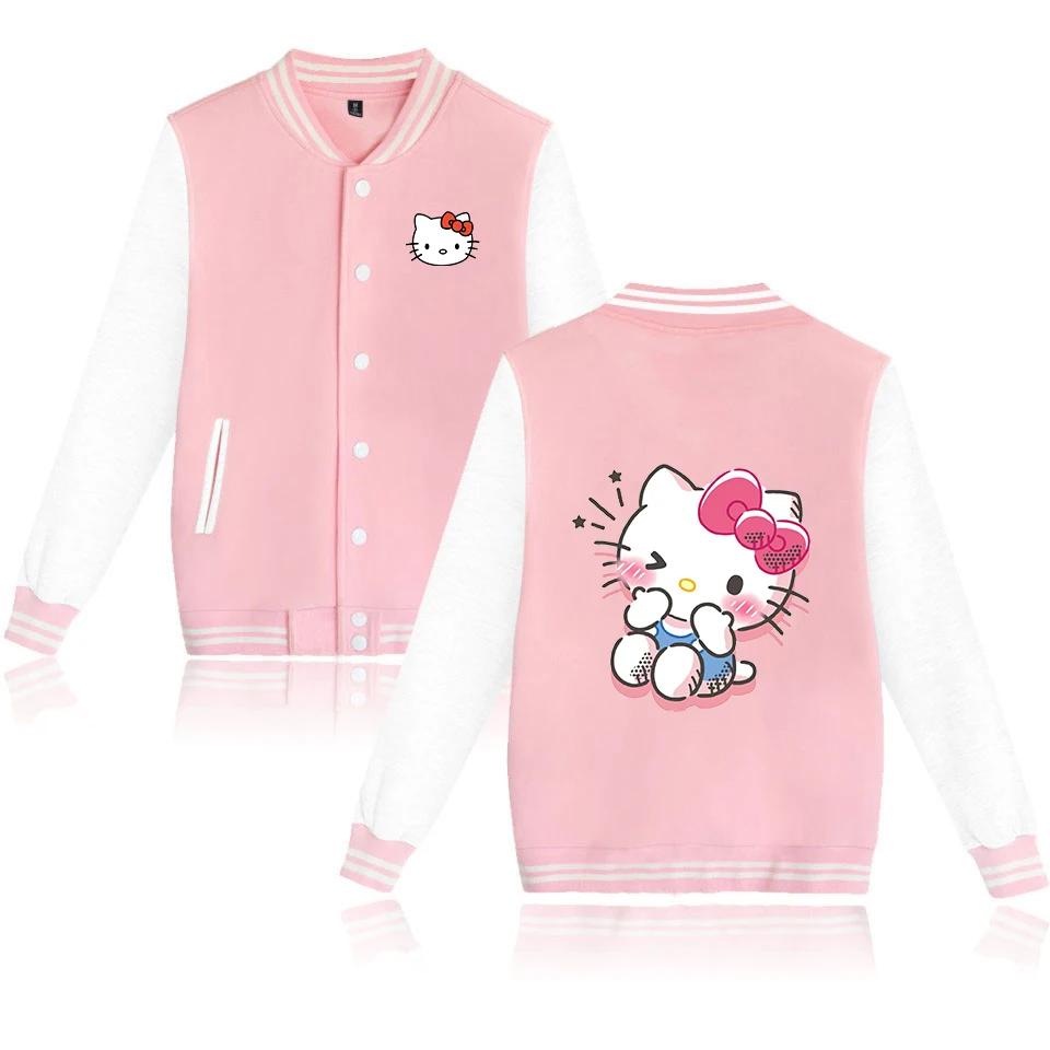 MINISO-Chaqueta de béisbol de Hello Kitty para hombre y mujer, ropa de calle de Hip Hop Harajuku, abrigos universitarios sueltos para niños y niñas