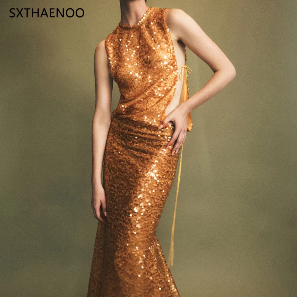 SXTHAENOO فساتين طويلة بدون أكمام ترتر ذهبي براقة فستان رسمي متألق للحفلات والسجادة الحمراء ملابس نسائية أنيقة 2025 #1