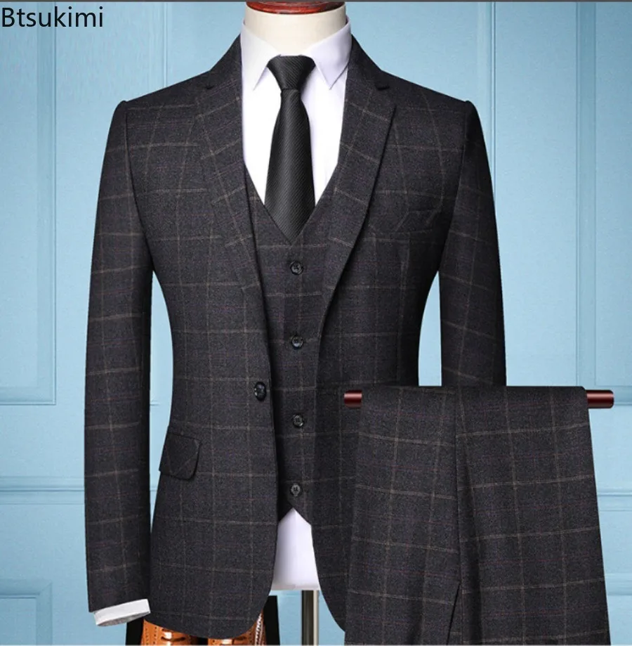 High Quality Men's Plaid Three-pieces Fashion Slim Business Party Formal Elegant Blazer Sets (Jacket+Pants+Vest) Prom Wedding