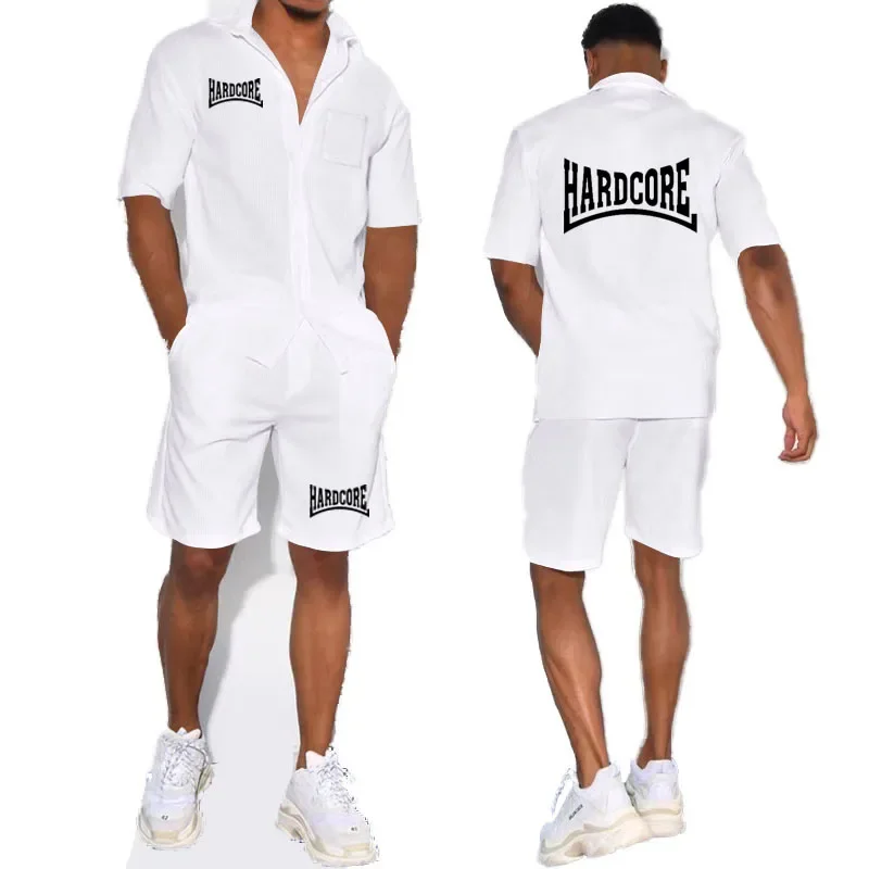 Hardcore Summer men's shirt set Luxury trend Short sleeve solid color street men's short sleeve set (T-shirt + shorts)