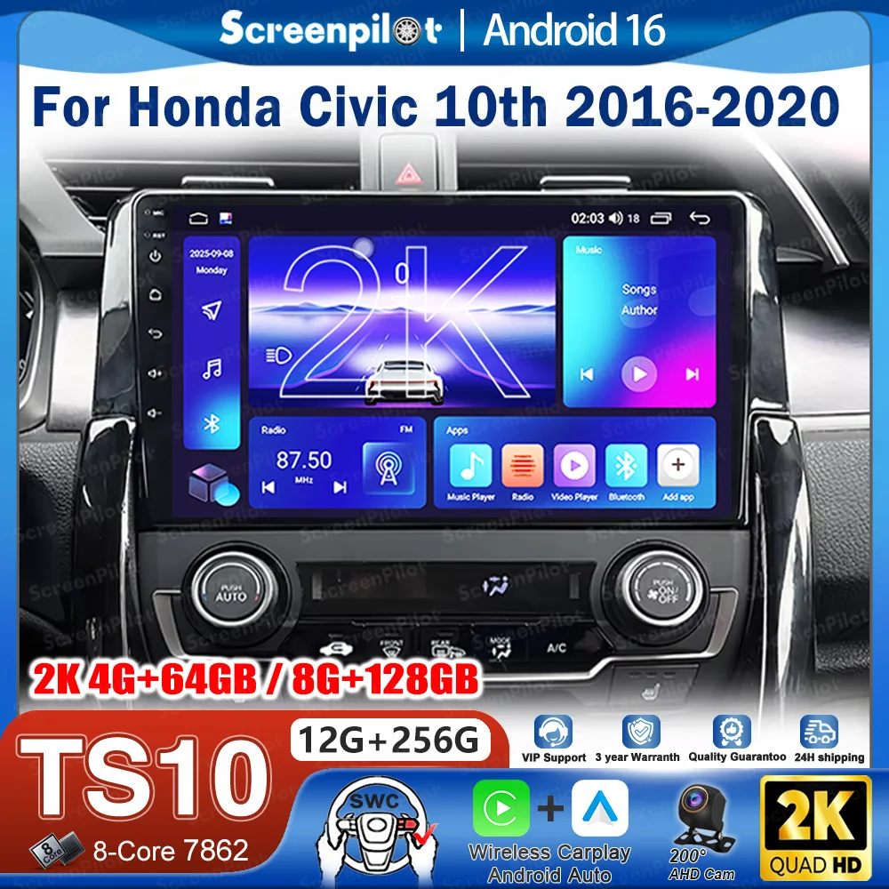 

Автомагнитола Android 16 для Honda Civic 10-го поколения (2016-2020) с CarPlay, сенсорным экраном, Wi-Fi и 8-ядерным процессором