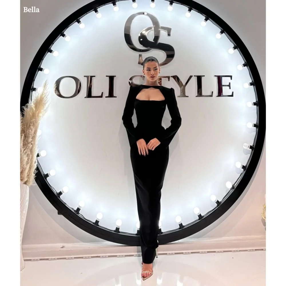 

Bella Customized Black Shoulder Pads Strapless robes de soirée Long Sleeves Evening Dresses Satin Ankle-Length Wedding Dress