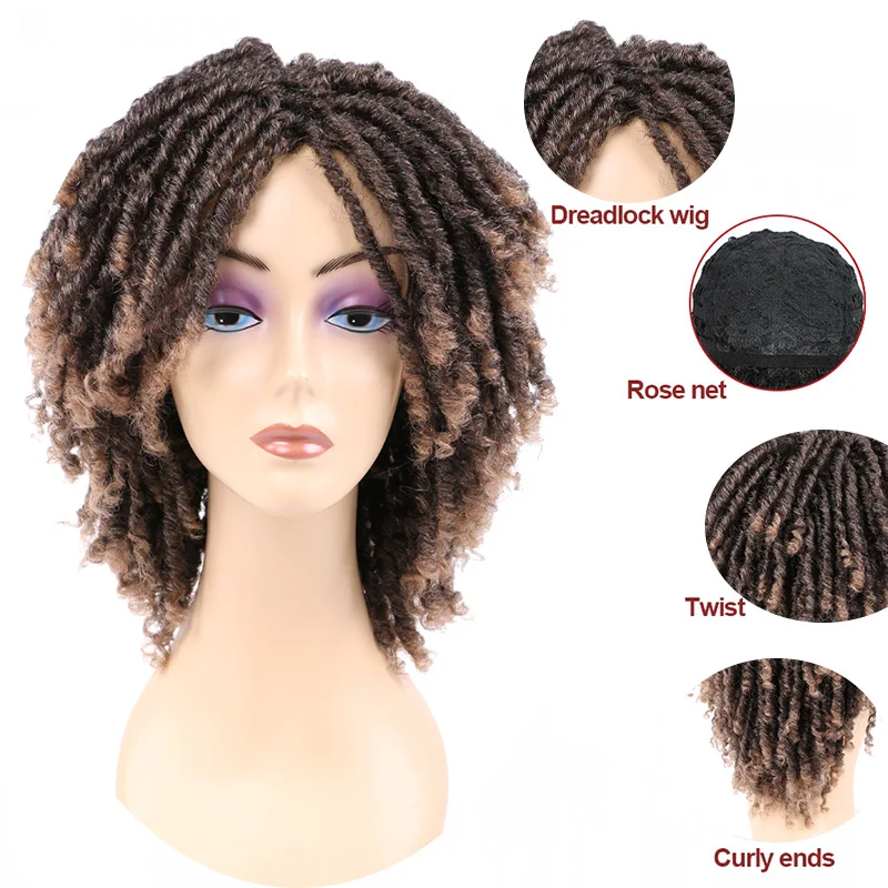 Short Curly Braids Twist Hair Synthetic Ombre Brown Dreadlock Wig Heat Resistant Fiber Daily Party Afro Wig For Women