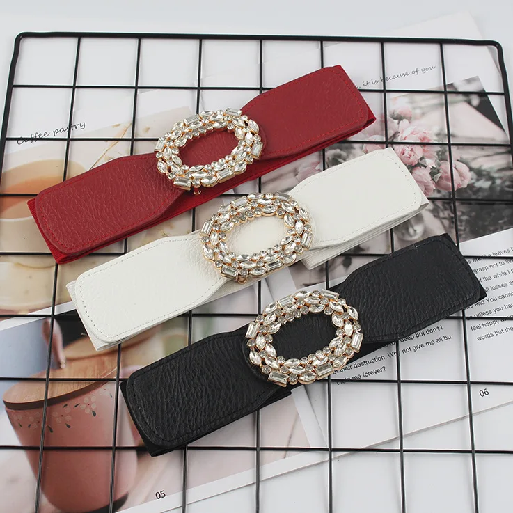 PU Leather High Elastic Wide Belt for Women Stretch Waist Belt for Dress Autumn Stretch Women Belts White Red Pearl Buckle Belt