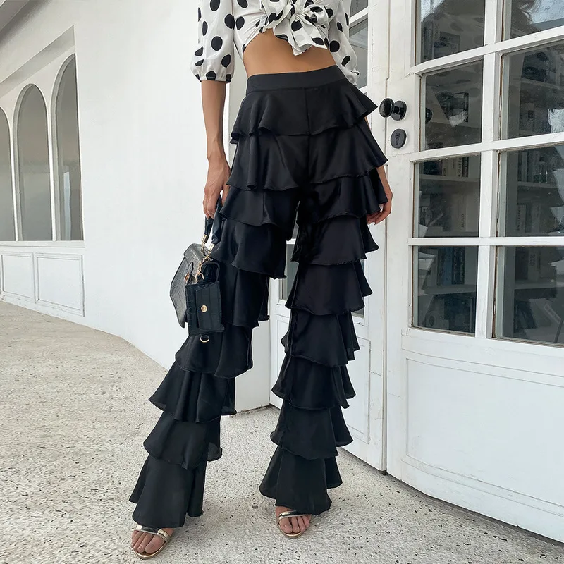 Custom Made Black Pants with Zipper Tiered Long Pants Women Fashion Satin Layered Casual Pants Trendy