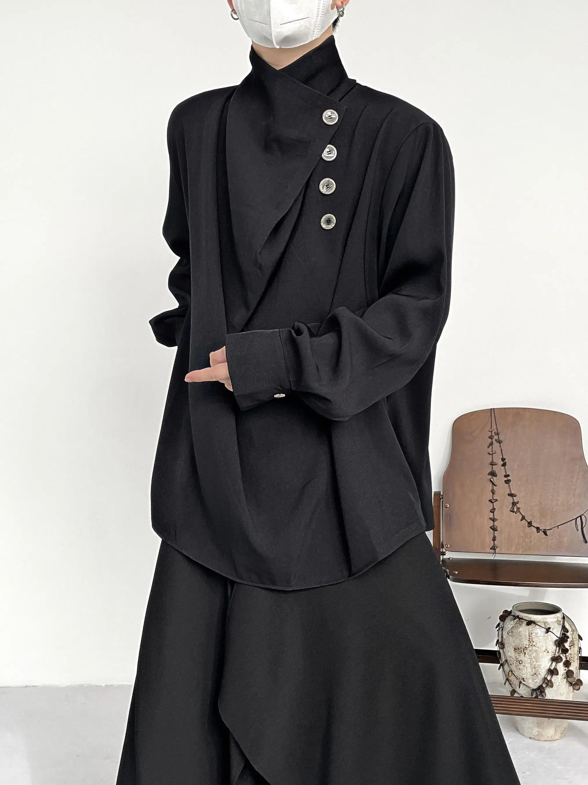 Loose Fit Vintage Style Inner Shirt Unisex Asymmetrical Stand Collar  Color Lazy Top Men's Fashion Casual Polyester Shirt