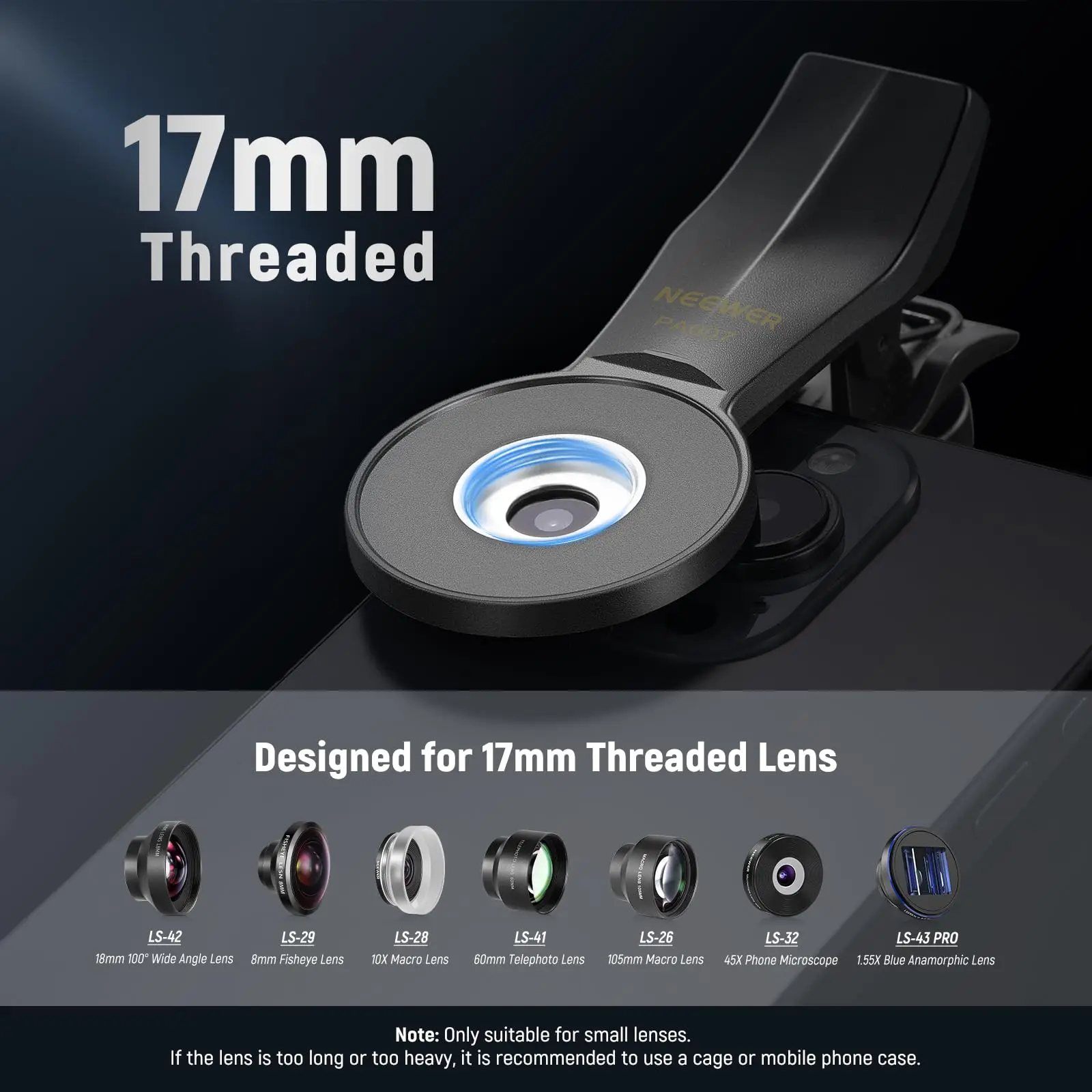 NEEWER Universal Phone Clamp for 17mm Threaded Lens for iPhone 17 Pro Max 16Plus 14 13 Samsung Galaxy S24 S23 Ultra Google Pixe
