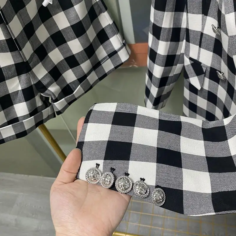 Same style as celebrities Black White Plaid 2 Piece Suits Coat + High Waist Shorts Elegant Tweed Blazers Fashion 2024 Autumn New