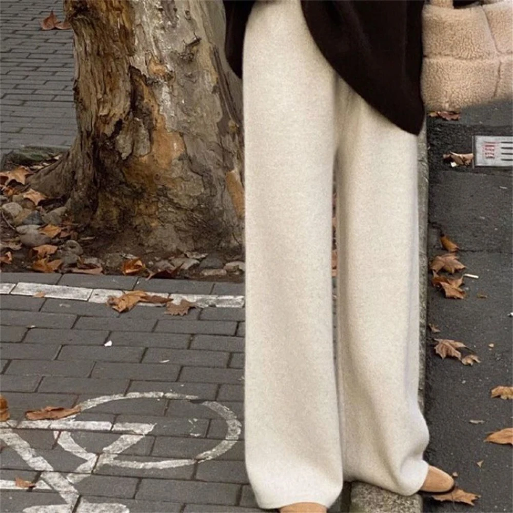1pcs Ladies Elegant Temperament Woolen Knitted Wide-leg Pants Women's Autumn Winter Soft Casual Drape Straight Trousers Gift New