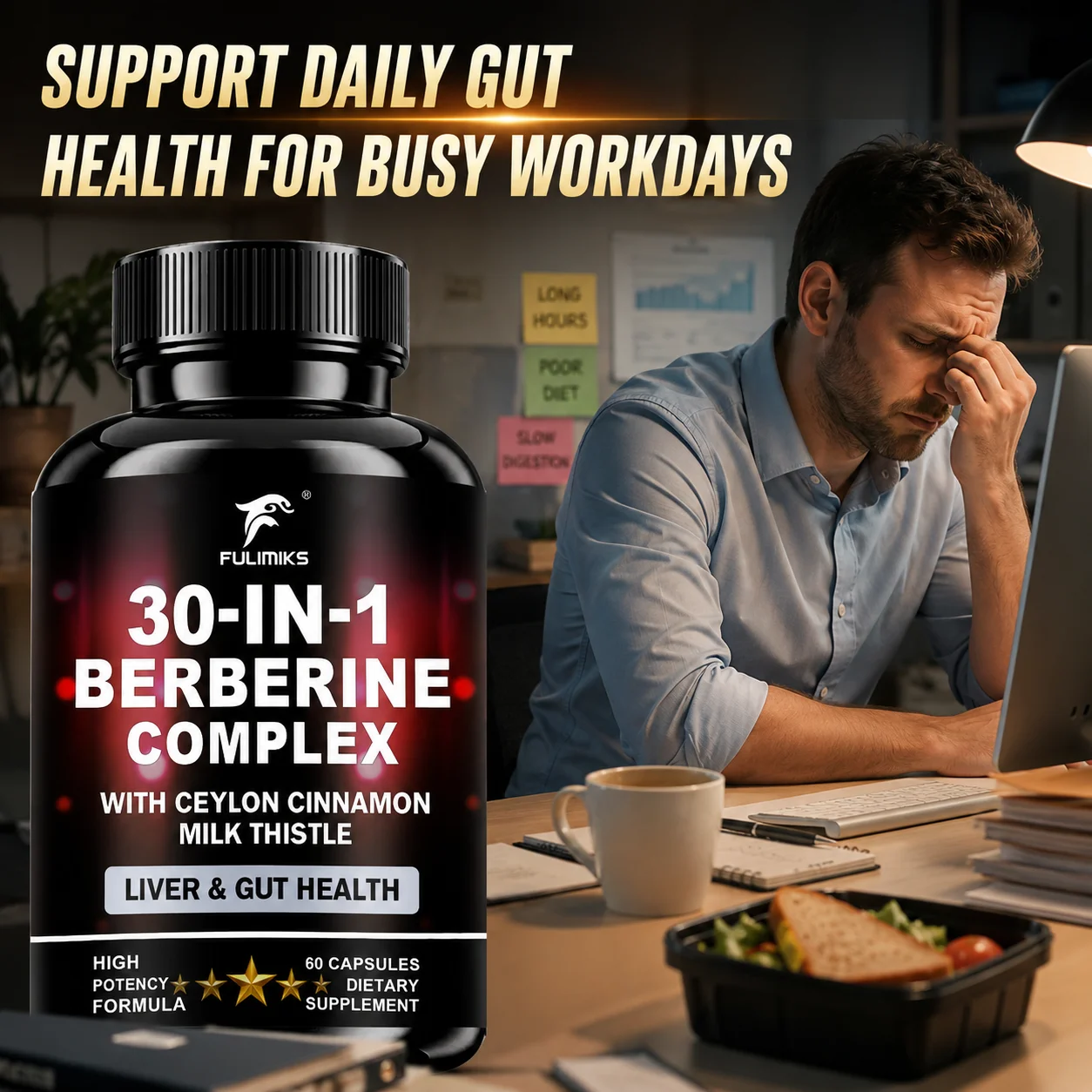 Berberine Complex 30-in-1 Supplement, Support Gut Health & Liver Care, Antioxidant,  with Ceylon Cinnamon & Milk Thistle Extract