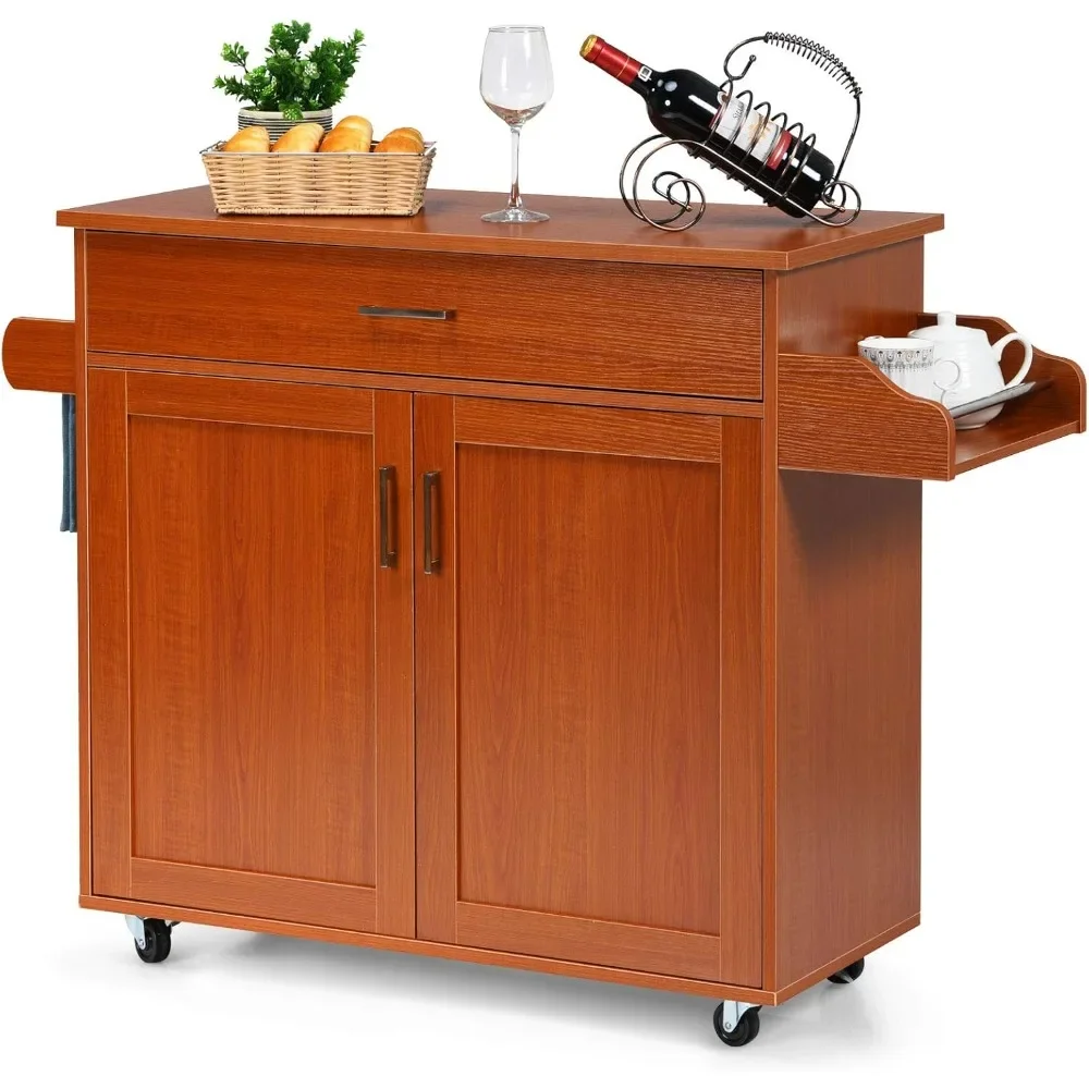 Kitchen Island, Rolling Kitchen Cart with Spice and Towel Rack, Large Drawer & 2-Door Storage Cabinet, on Lockable Wheels