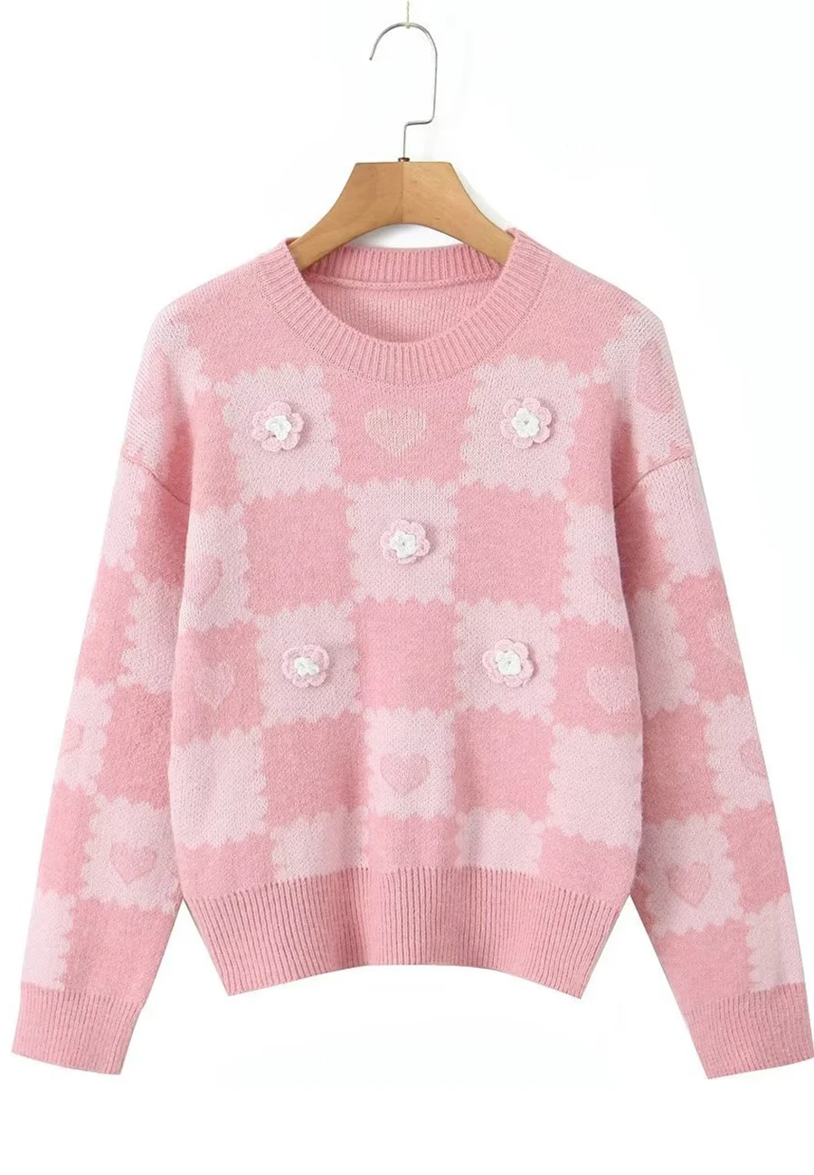 Checkered Printed Long Sleeve Crewneck Sweater Ribbed Cuff Hem Patch Little Flower Pullover Top for Fall Autumn Winter