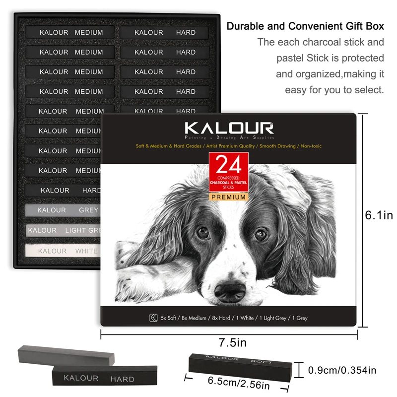 KALOUR 24pcs Sketch Black Carbon Rod Pencil Professional Carbon Painting,Safe Non-toxic Art Supplies,Durable Convenient Gift Box