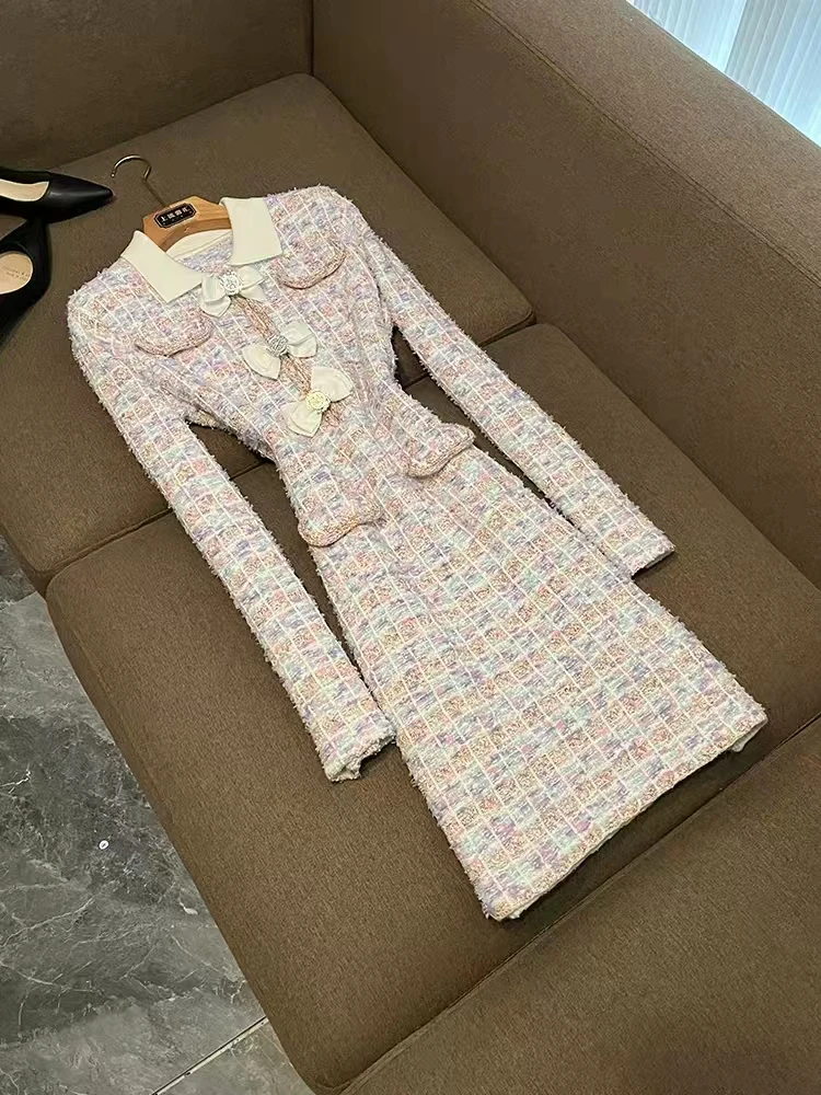 

New Fashionable Small Fragrant Woolen Women Long Sleeved Lapel Knitted Diamond Buckle Butterfly Knot Slim Fit Hip Hugging Dress
