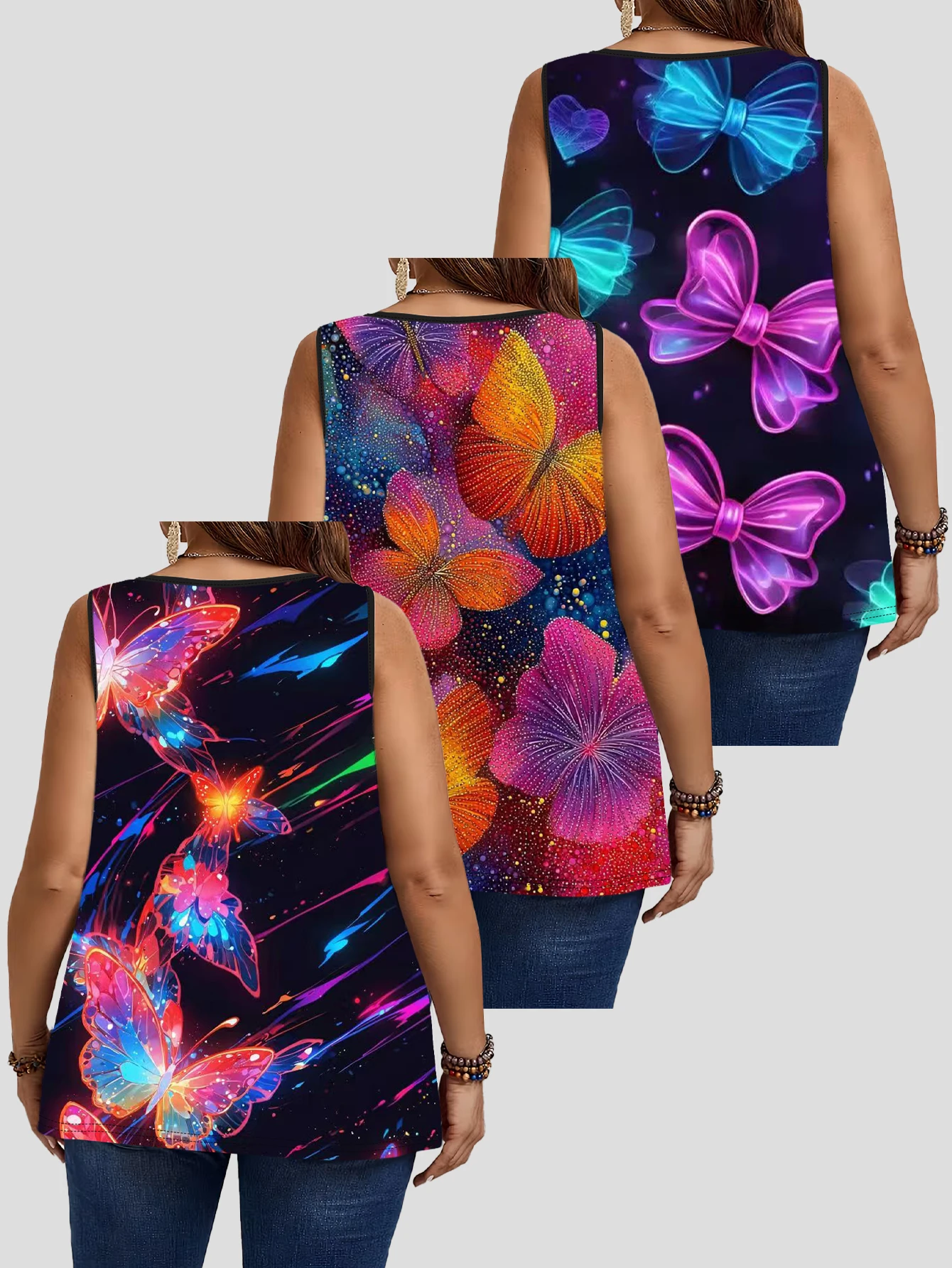3-Piece Set of Large Size Neon Colorful Butterfly Print Sleeveless Vests for Women, Colorful Fluorescent Butterfly Polka Dot Loose Round Neck Tops That Cover the Body and Can Be Worn Outside
