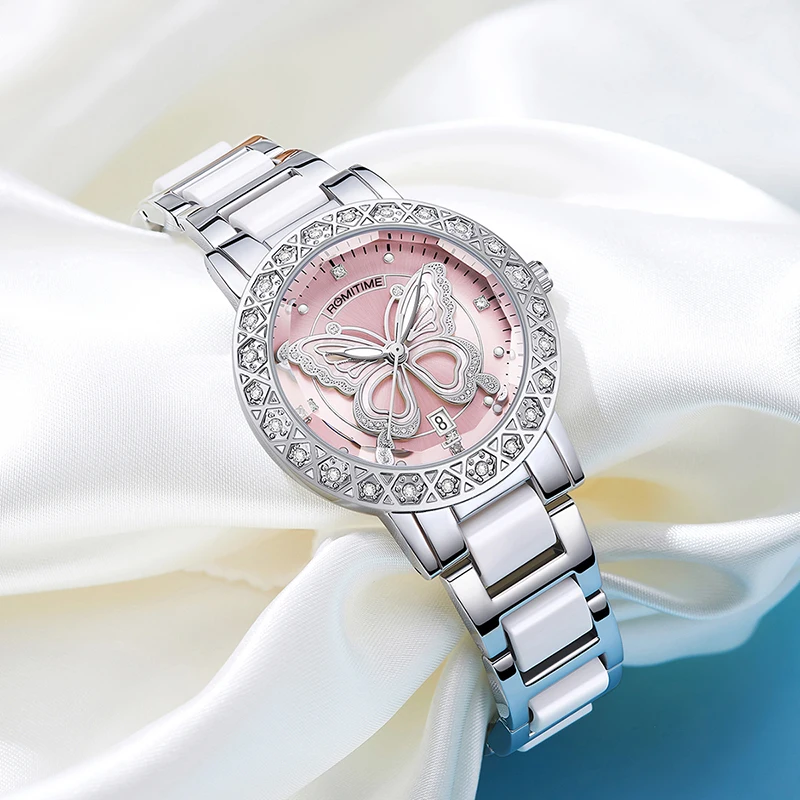ROMITIME Women Quartz Watch Luxury Butterfly Pattern Rhinestone-Encrusted Bezel Stainless Steel Case 30M Waterproof Watches Lady
