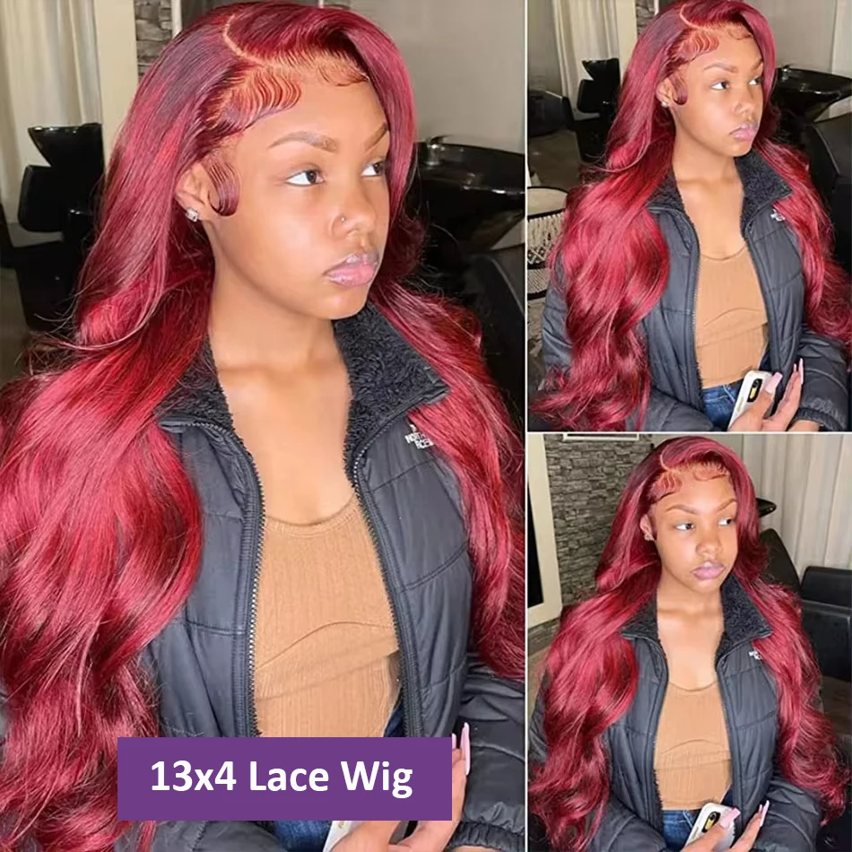 Wig depan renda transparan gelombang tubuh 30 inci berwarna 99J Burgundy gelombang air Brasil 13x4 wig Frontal renda penuh untuk wanita