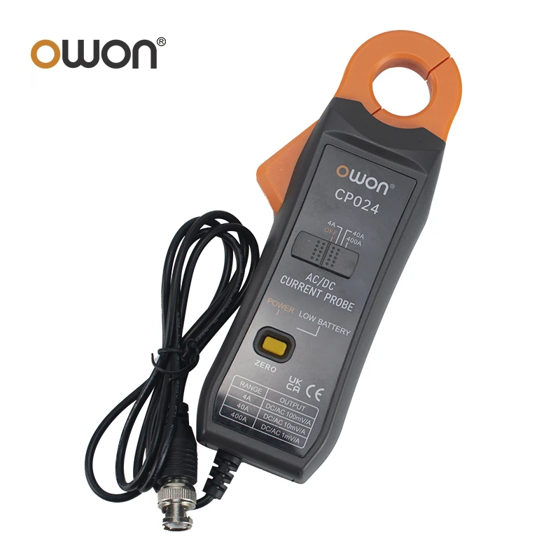 OWON CP024 DC AC Current Probe for Digital Storage Oscilloscope 4A to 400A Bandwidth 200kHz 23mm Jaw Three-Gear Current Clamp