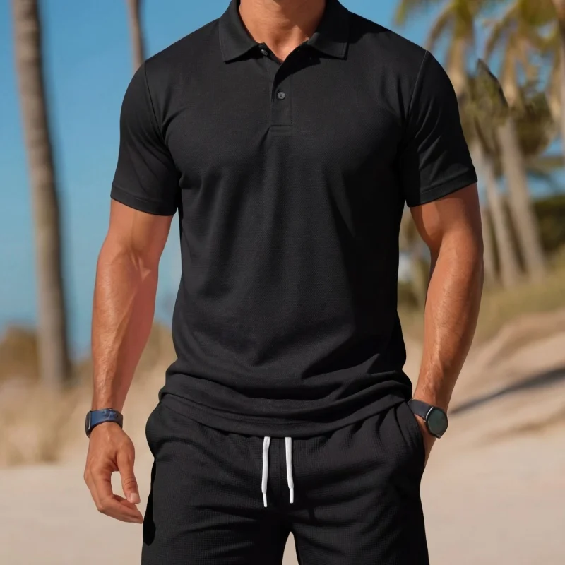Summer Casual Versatile Two-piece set Fashion short sleeve Button V-neck Polo Shirt+Breathable Mesh Shorts Set Men tracksuit