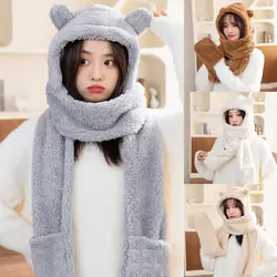 Zimowe czapki 3 w 1 Cute Bear Ear Hat Scarf Gloves Set Czapki damskie Ciepłe pluszowe czapki na szyję Casual Fleece Girls Beanies