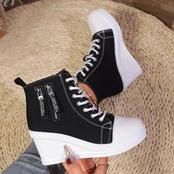 2024 New Women Lace-Up Platform Outdoor Wedge Invisible Heel Canvas Shoes Wedge Side Zipper Increased High Breathable Sneakers