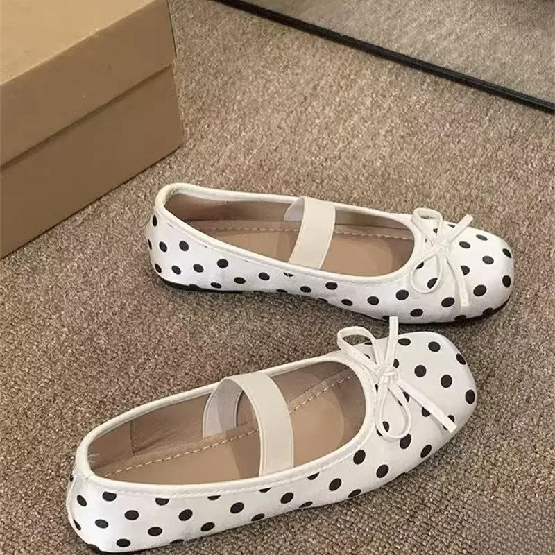 

Square Toe Bow Slip-On Mary Jane Shoes Suitable for Matching Dresses and Casual Daily Wear Women's New Polka Dot Ballet Flats