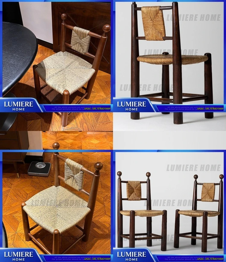 Vintage Rattan Dining Chair Solid Wood French Style Retro Cafe Chair for Living Room Study Hotel Use Comfortable Mid Century