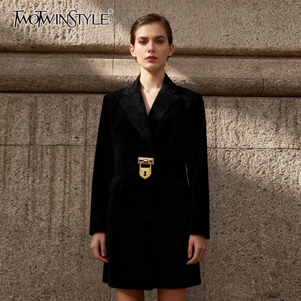 

TWOTWINSTYLE Solid Spliced Strap Temperament Jackets for Women Lapel Long Sleeves Patchwork Sequined Fashion Jacket Female New