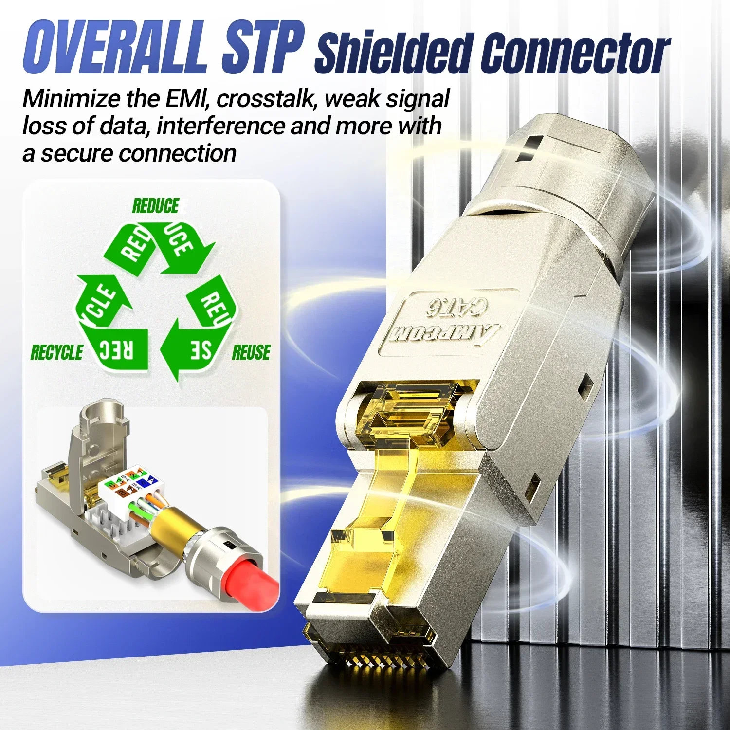 AMPCOM Toolless RJ45 Connector, CAT8/7A/7/6A/6 Tool free Reusable Termination Plugs Shielded Ethernet Field Modular PLug