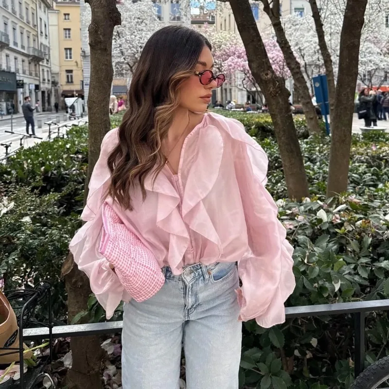 2026fashion High Street Primavera e Autunno Nuove donne Abbigliamento Allentato Casual Temperamento Camicia di colore solido Top Design Increspato Top