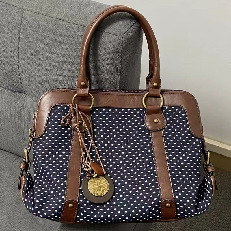 

Retro Polka Dot Handbag Sweet Preppy Style Handbag Leather Patchwork Large Multi-functional Briefcase Casual Commute Bag