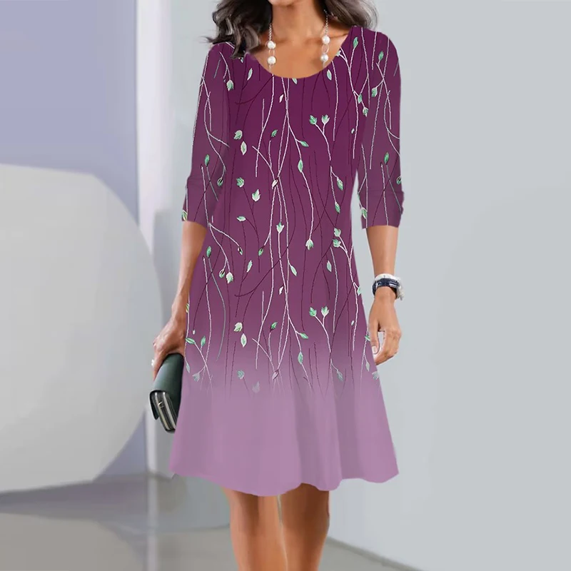 2025 Otoño/Invierno nuevo vestido estampado de talla grande de manga larga con cuello redondo de longitud media para mujer