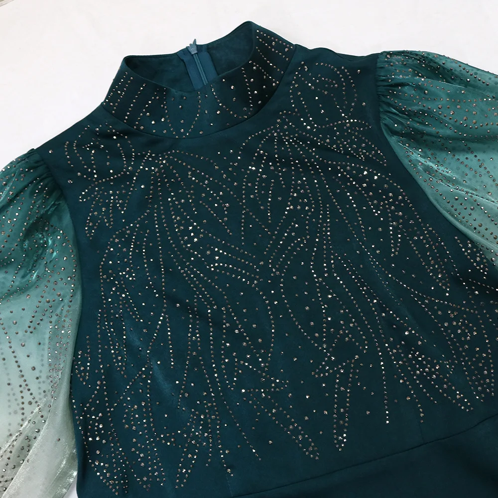 Elegante abito da sera da donna musulmana Abiti sfumati con maniche a sbuffo alla moda Abito da festa con lacci con colletto alla coreana Abaya con diamanti glitterati