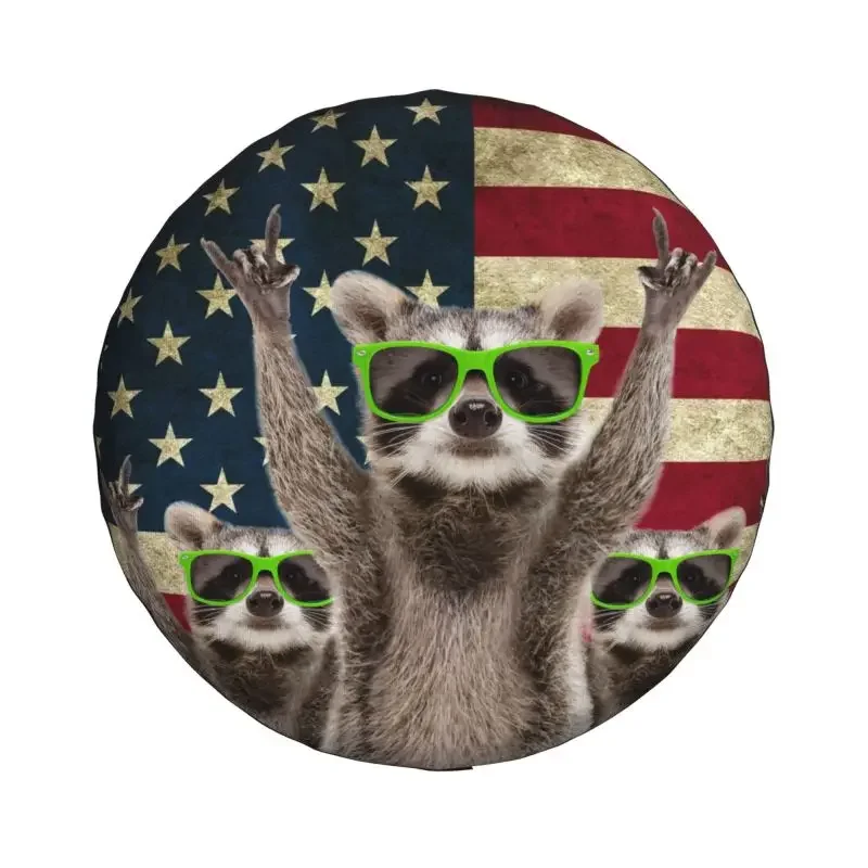 Funny Raccoon Green Sunglasses Tire Cover American Flag Spare Wheel Protector for Prado Pajero Jeep 14