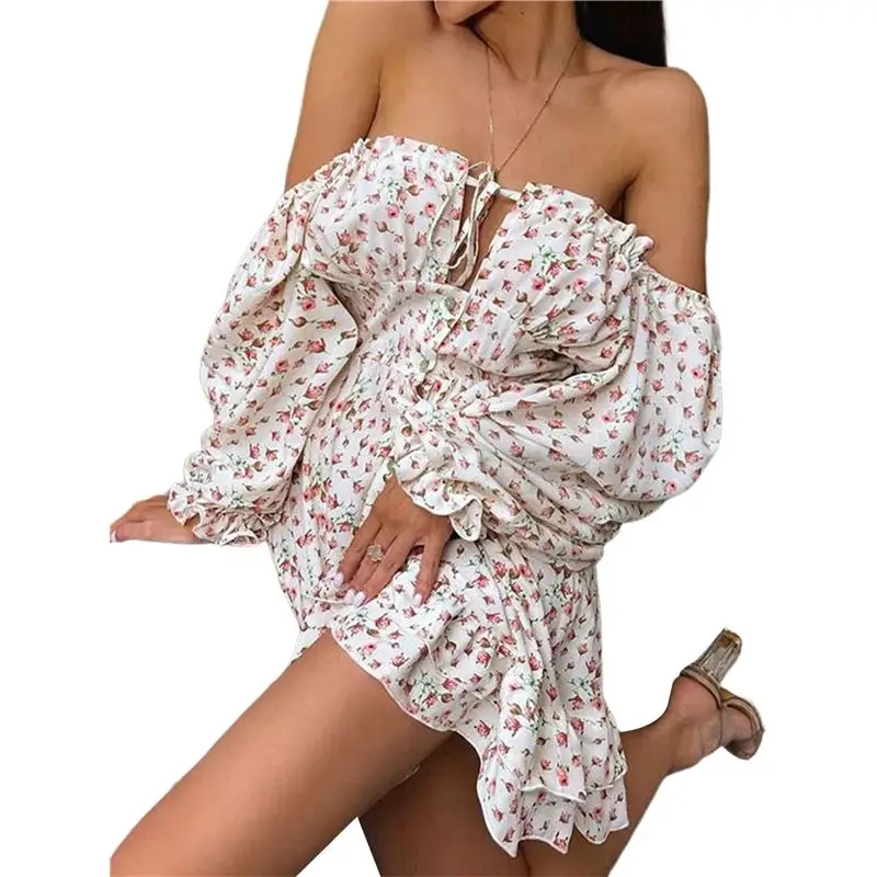 

BEDW-Women's Floral Off Shoulder Puff Sleeve Short Dress Boho Frill Trim A Line Mini Dresses