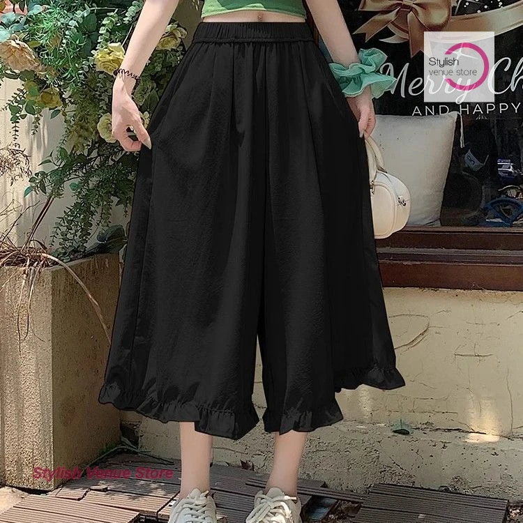 

Summer new wide-leg pants female Korean style fashion short knee thin large size loose slim long casual Joker cropped pants.