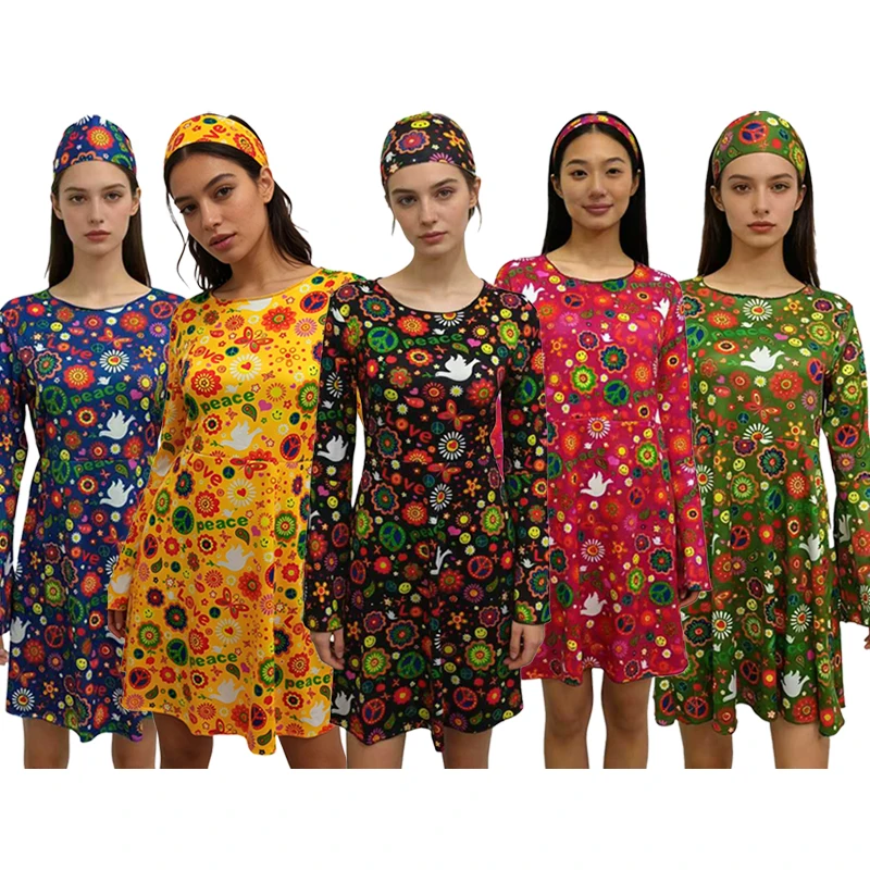 

Halloween 70s Hippie Disco Festival Costume Dress Headscarf Print Two-Piece Set Women's Ethnic Stage Clothing Polyester
