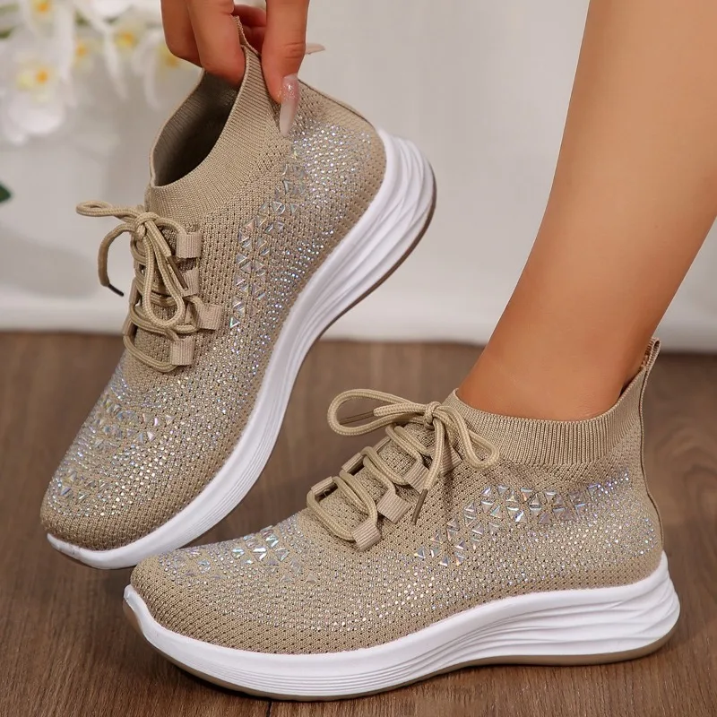 Ladies Shoes 2024 High Quality Lace-up Women's Vulcanize Shoes Fashion Crystal Ladies Casual Shoes New Round Head Mesh Sneakers