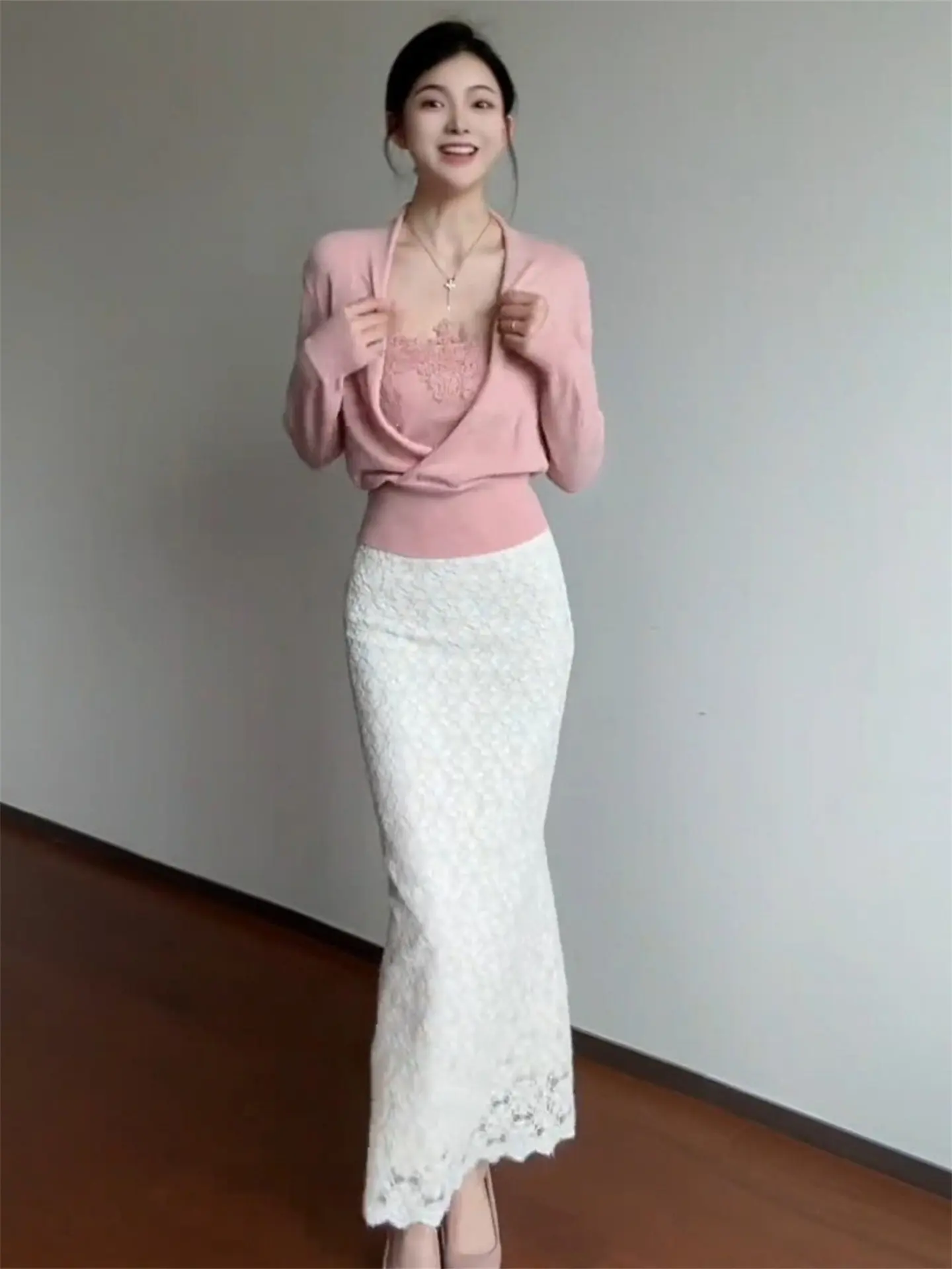 

Casual Comfortable Faionable Small Fraance Sle Set Women's Spring Ele Knitted Open Cardigan Skirt Two-Piece Set