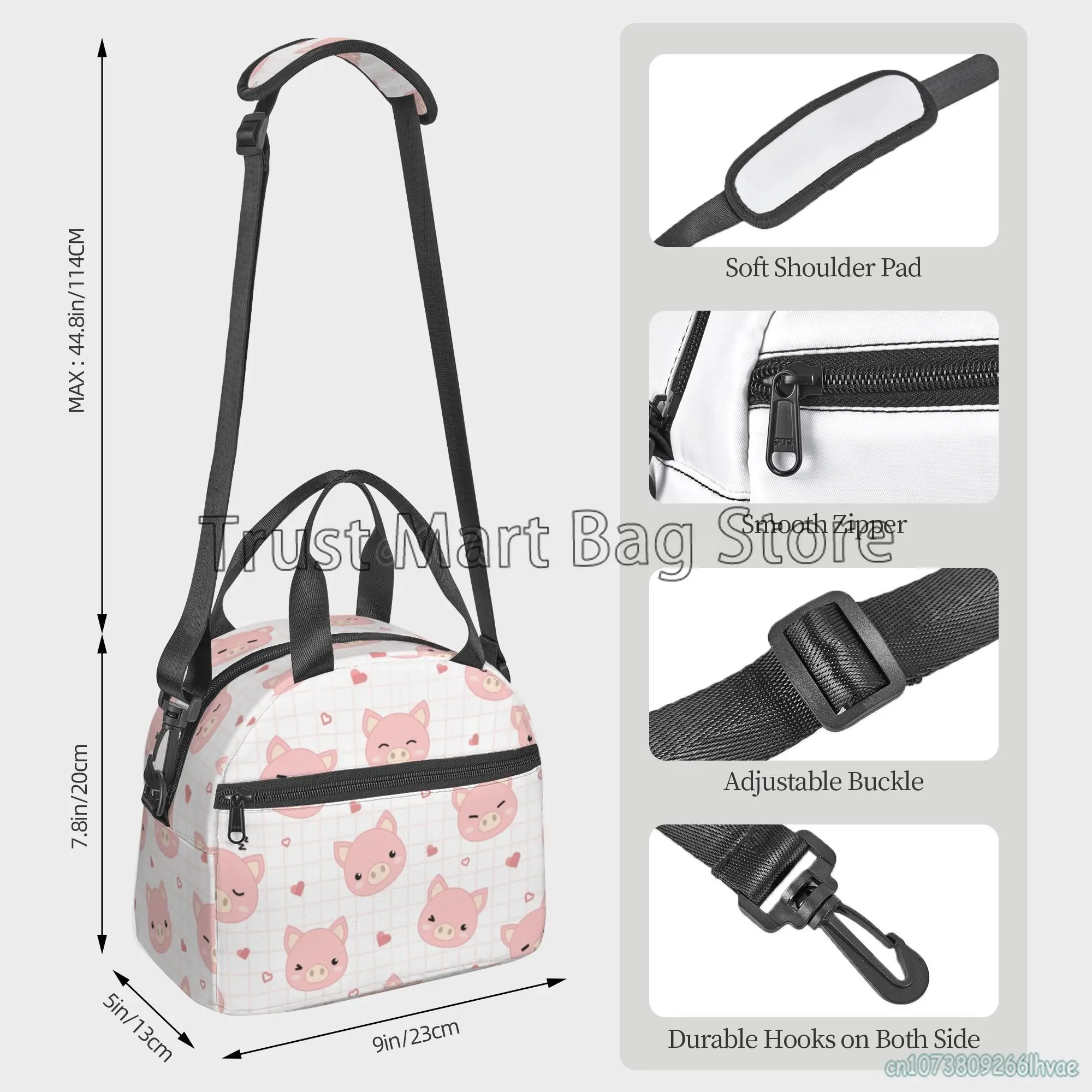 Cute Cartoon Pink Pigs Lunch Bag Women Insulated Lunch Box Tote Bag with Adjustable Shoulder Strap for Work Picnic Beach Travel