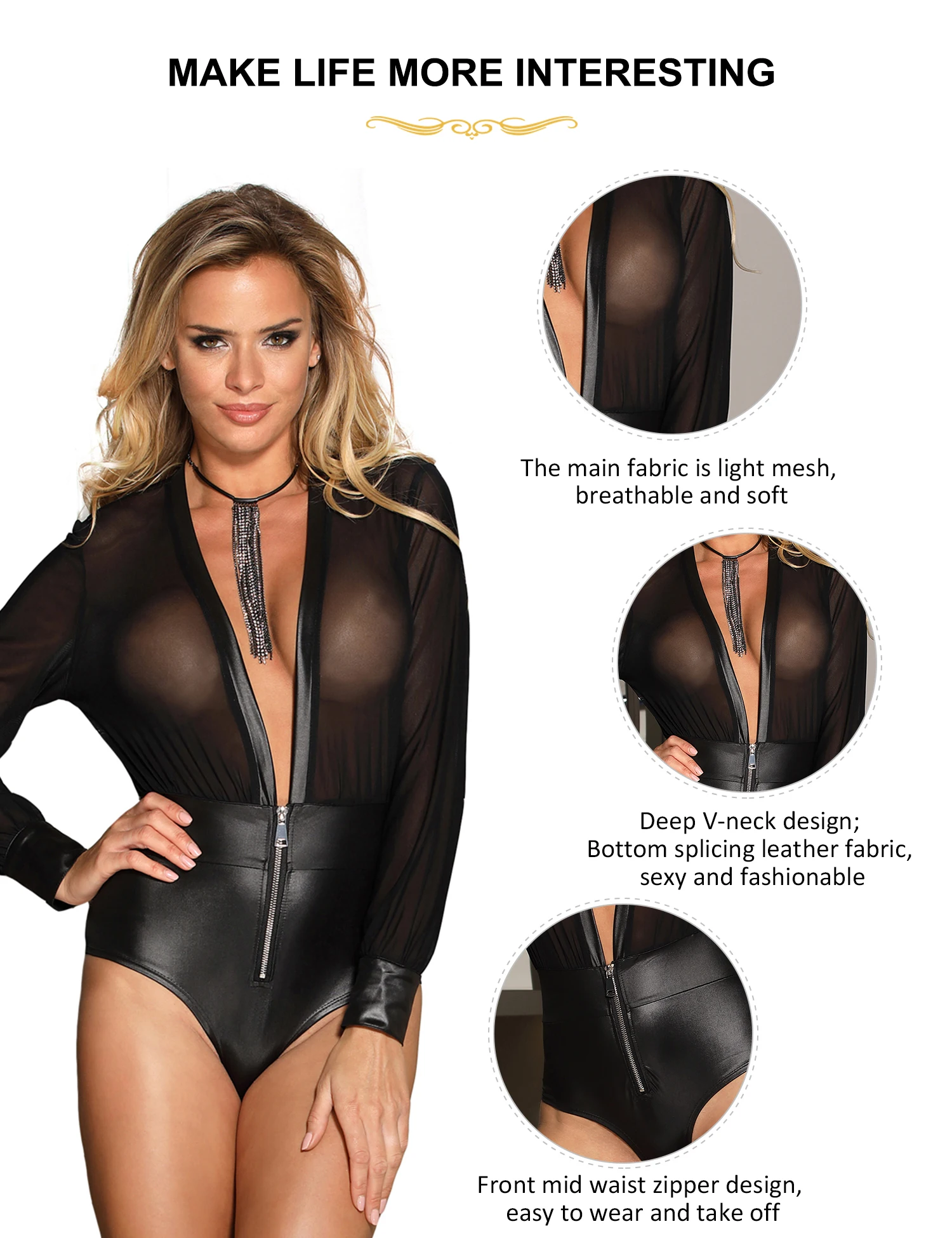 Sexy Teddy Plus Size Black V-neck Zipper Faux Leather and Mesh Long Sleeves Erotic Bodysuit Women's Curvy Body Overalls Clothing