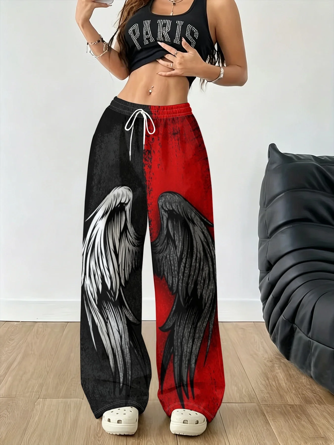 Women Two Tone Spliced Wide Leg Pants Angel Devil Wing Print Drawstring Elastic Waist Streetwear Trousers