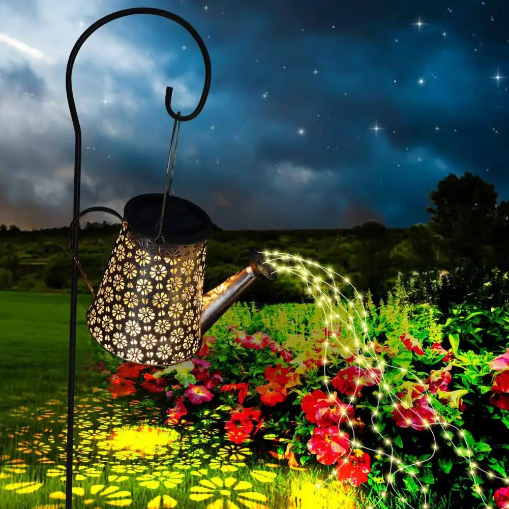 Wrought Iron Kettle Shape Lamp Solar Powered Metal Watering Lantern with Led String Lights for Outdoor for Yard for Outdoor